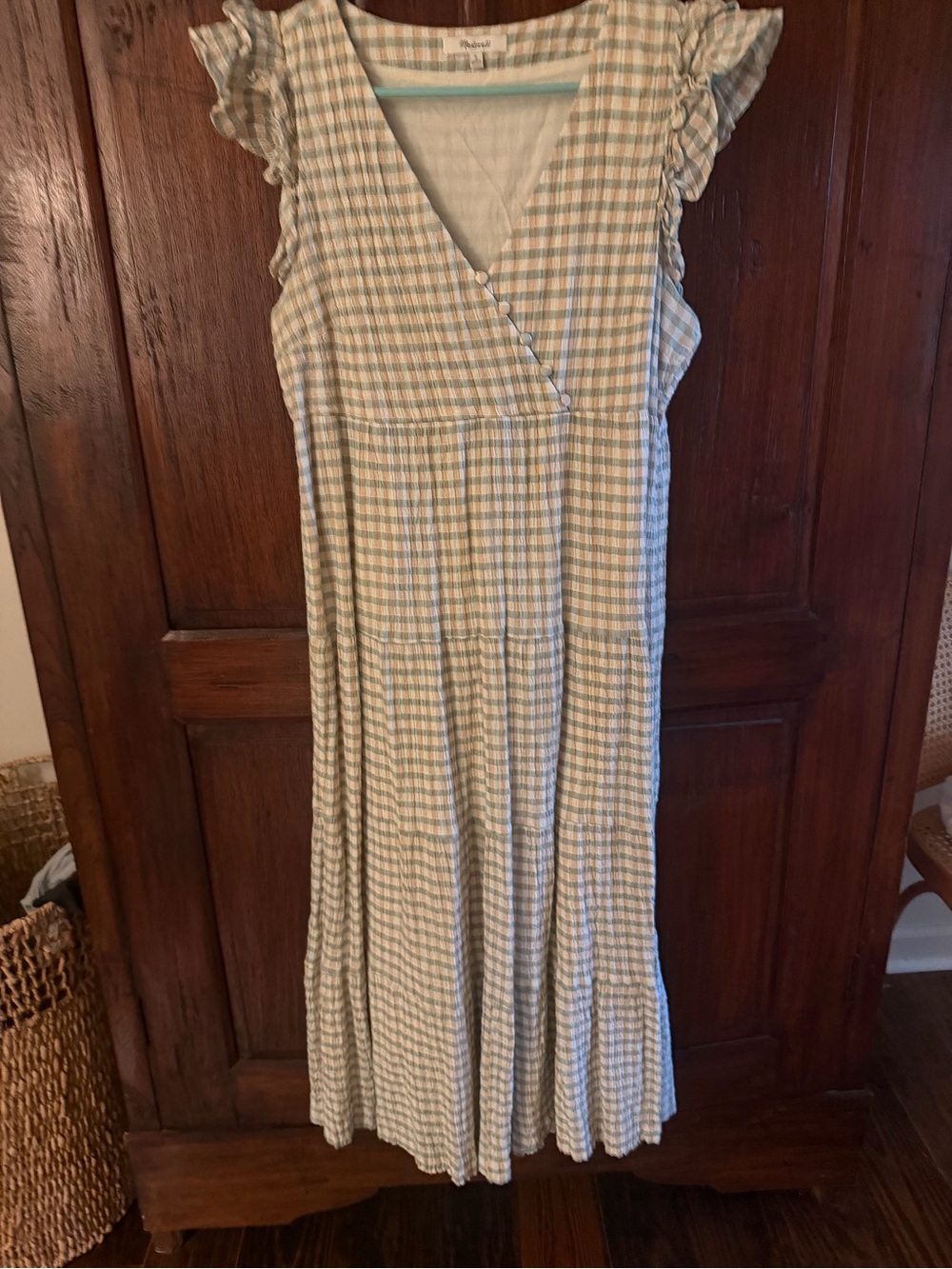 Madewell cream and sage gingham midi dress